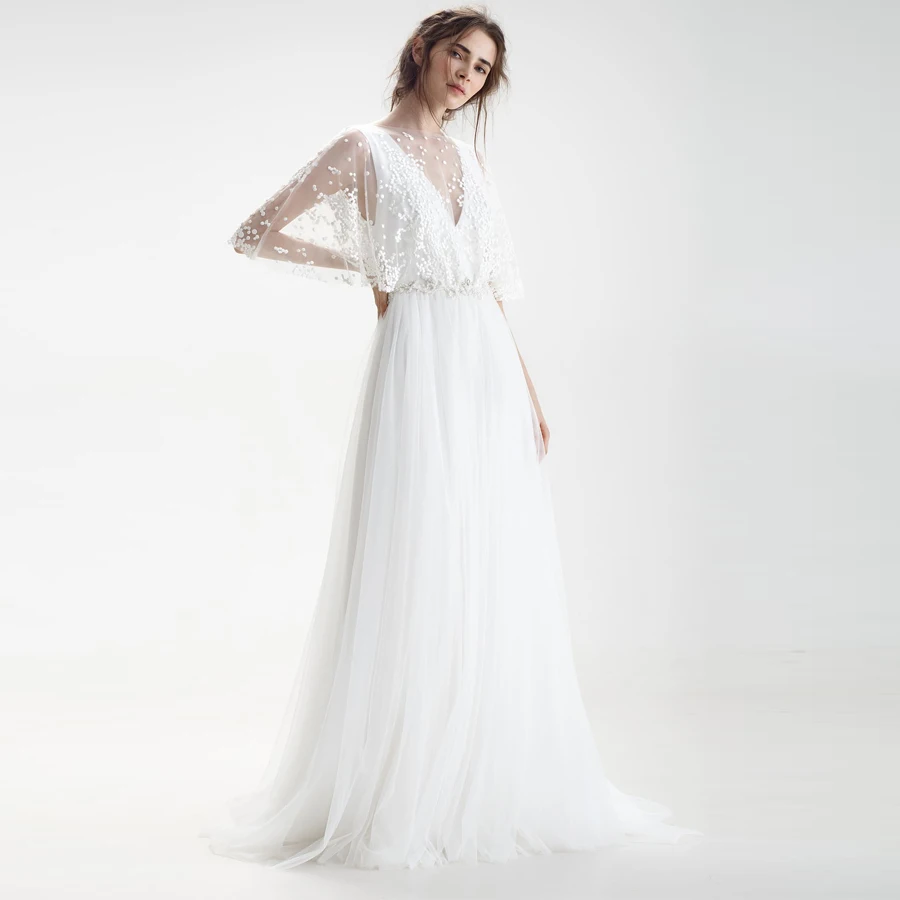

ADLN New Elegant Half Sleeves Wedding Dresses Boat Neck Tulle Long Bridal Gowns Vestido De Novia with Beading Sashes