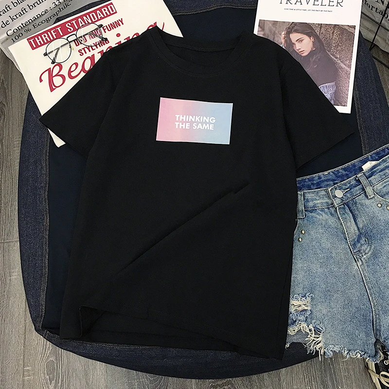 

Letter Print Tee 2019 Comfortable Short Sleeve Graphic Black Tops Women Summer O-Neck Chic Korean T Shirt Clothes Camiaeya Mujer