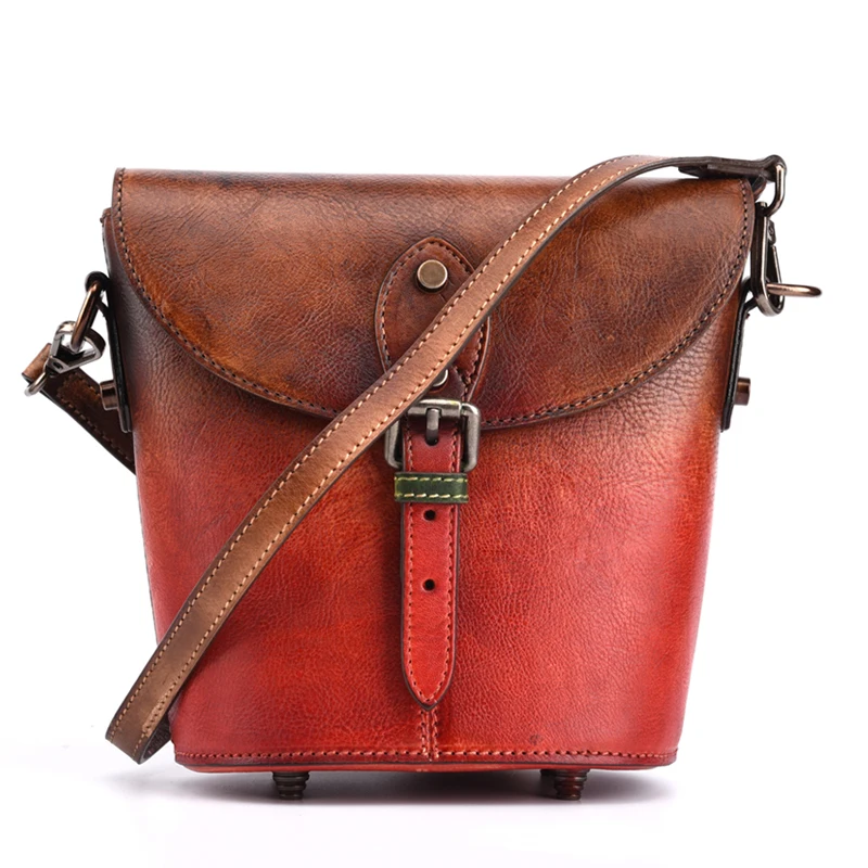 

Vintage Mixing Color Genuine Leather Ladies Mini Bucket Purse Bag Natural Cowhide Women's Small Sling Bag Single Shoulder Bag
