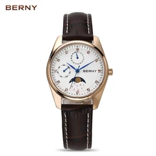 BERNY Moon Phase Quartz Watches Women Fashion Casual Watch Luxury Rose Gold Leather Waterproof Ladies Quartz Wristwatches 2160L