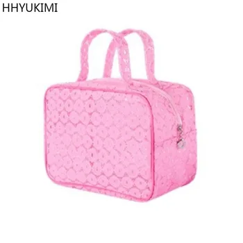 

HHYUKIMI High Quality Waterproof PU Lace Cosmetic Bag Women Travel Portable Makeup Organizer Beautician Make Up Bag Mini Washbag
