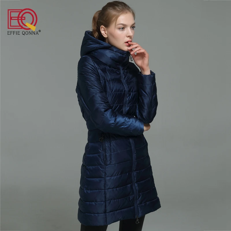 

EFFIE QONNA 2017 New Fashion Long Sleeve Navy Blue Hooded Winter Women Parkas Ladies Slimming Pleated outwear Female Tops Coats