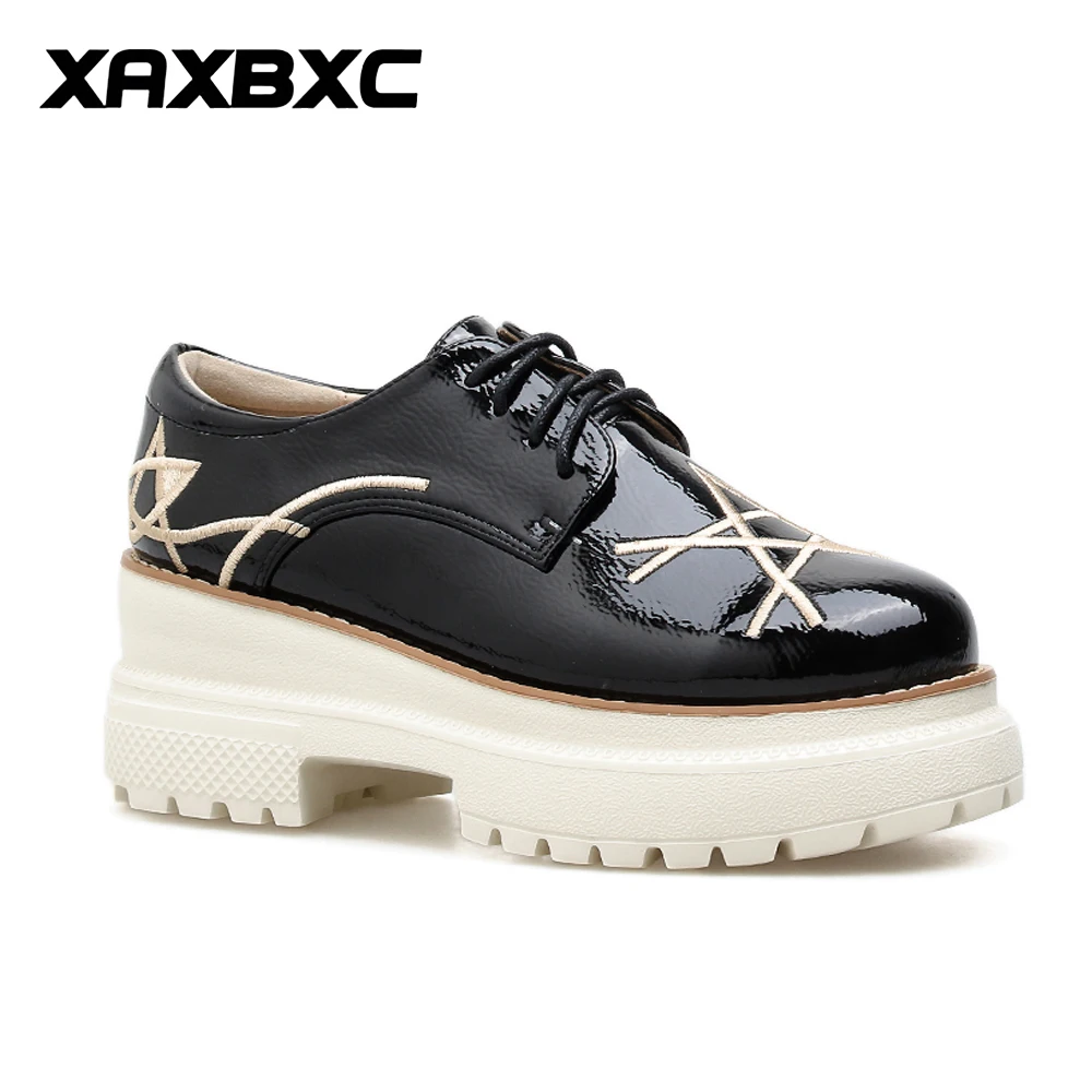 

XAXBXC 2019 New Spring Autumn Star Leather Thick High Heels Platform Wedges Pumps Women Casual Lady Mujer Femme Shoes