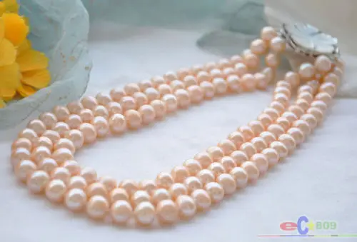 

Free shipping@@@@@ P4292 3row 19" 10mm pink round FRESHWATER CULTURED pearl necklace