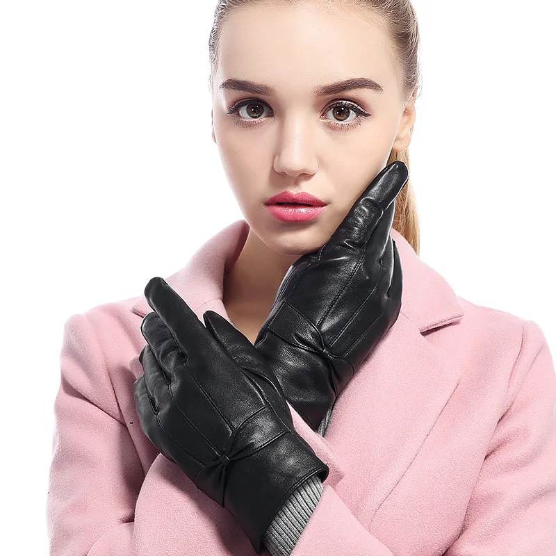 Lady Genuine Leather Gloves Female Winter Cashmere Warm Suede Mittens