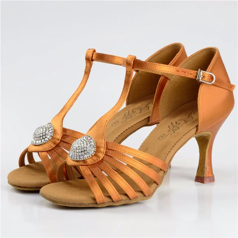BD Туфли для латинских танцев 2338 женские спортивные атласные сандалии Женская Обувь для бальных танцев высокий каблук темный загар Сальса