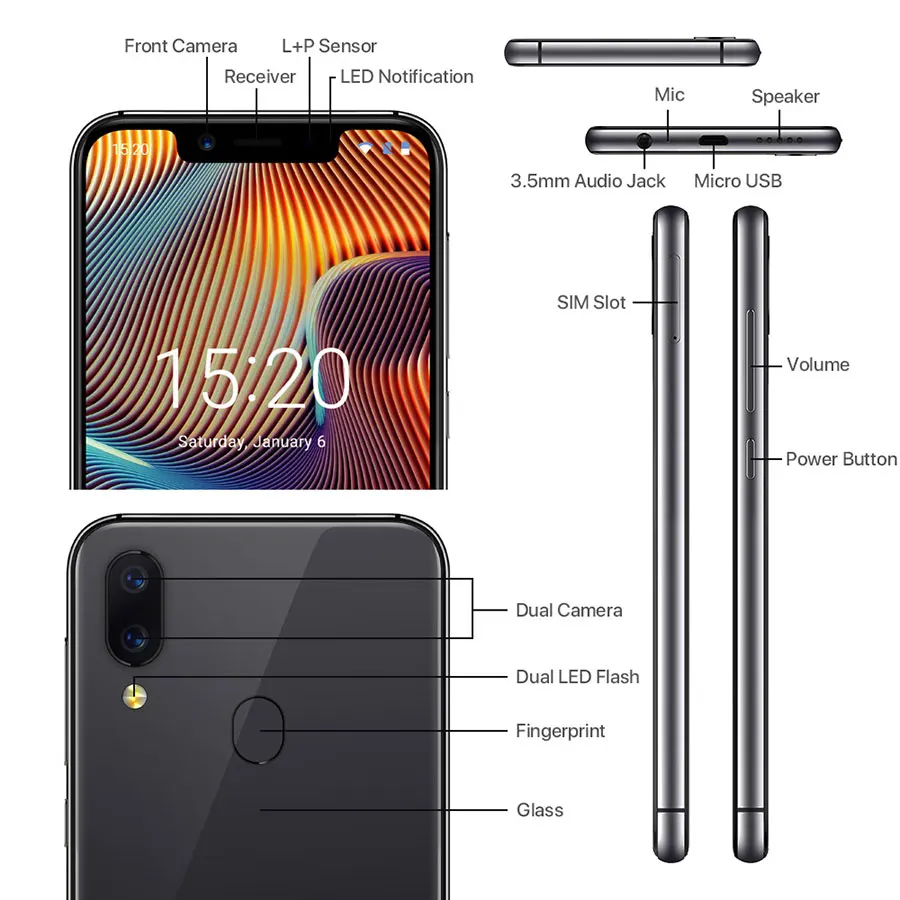 UMIDIGI A3 Pro Android 8 1 5 7 ''HD 19:9 полный Экран 3 ГБ 32 4 ядра Face Unlock 3300 мАч 12MP + 5MP двойной 4G OTG