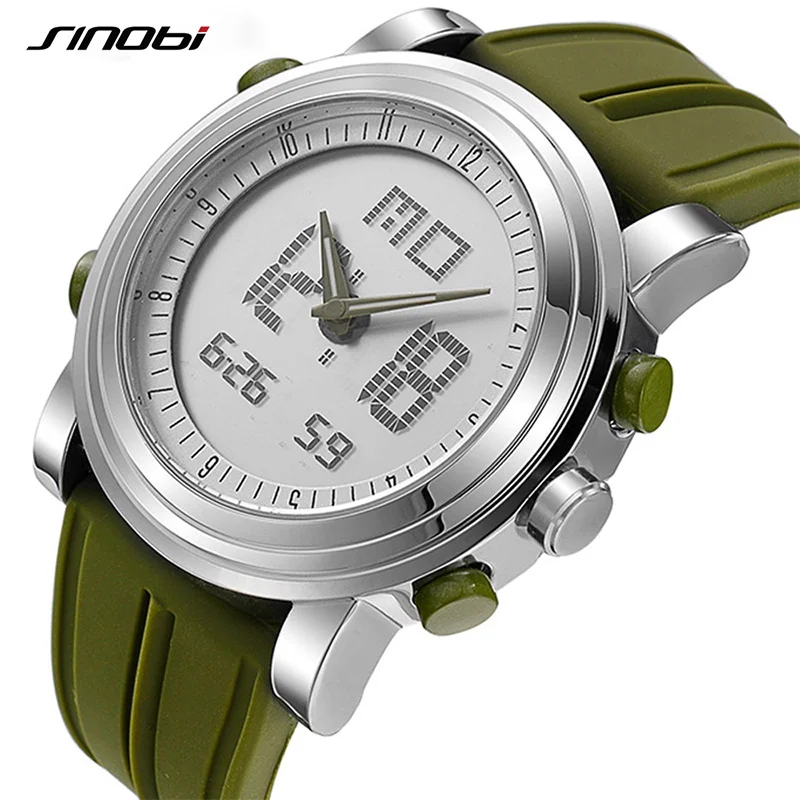 New sinobi brand sports chronograph men’s wrist watches digital quartz double movement waterproof diving watchband males clock
