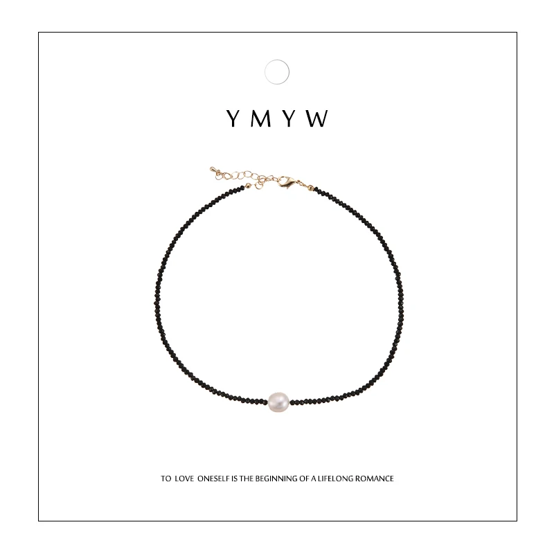 

YMYW Fashion Black Temperament Crystal Natural Pearls Necklace Handmade Statement Necklace for Women Party Collares De Moda 2019