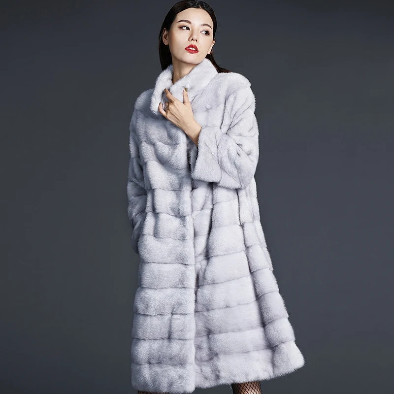 LTGFUR Winter Women's Print Red Flower Mink Coat Contrast Color Real Fur Coat Turn-Down Collar X-Long Loss Mink Coats