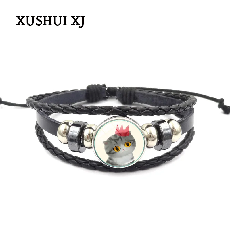 XUSHUI XJ Fashion Cute Cat Charm Bracelets &amp Bangles Glass Cabochon Punk Jewelry Black Multilayer Leather Bracelet Women Men | Украшения