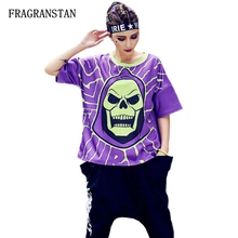 Для женщин сезон: весна–лето фиолетовый короткий рукав Футболка Женская Harajuku модные череп письмо печати футболки Повседневное Свободный Топ с круглым вырезом Q696