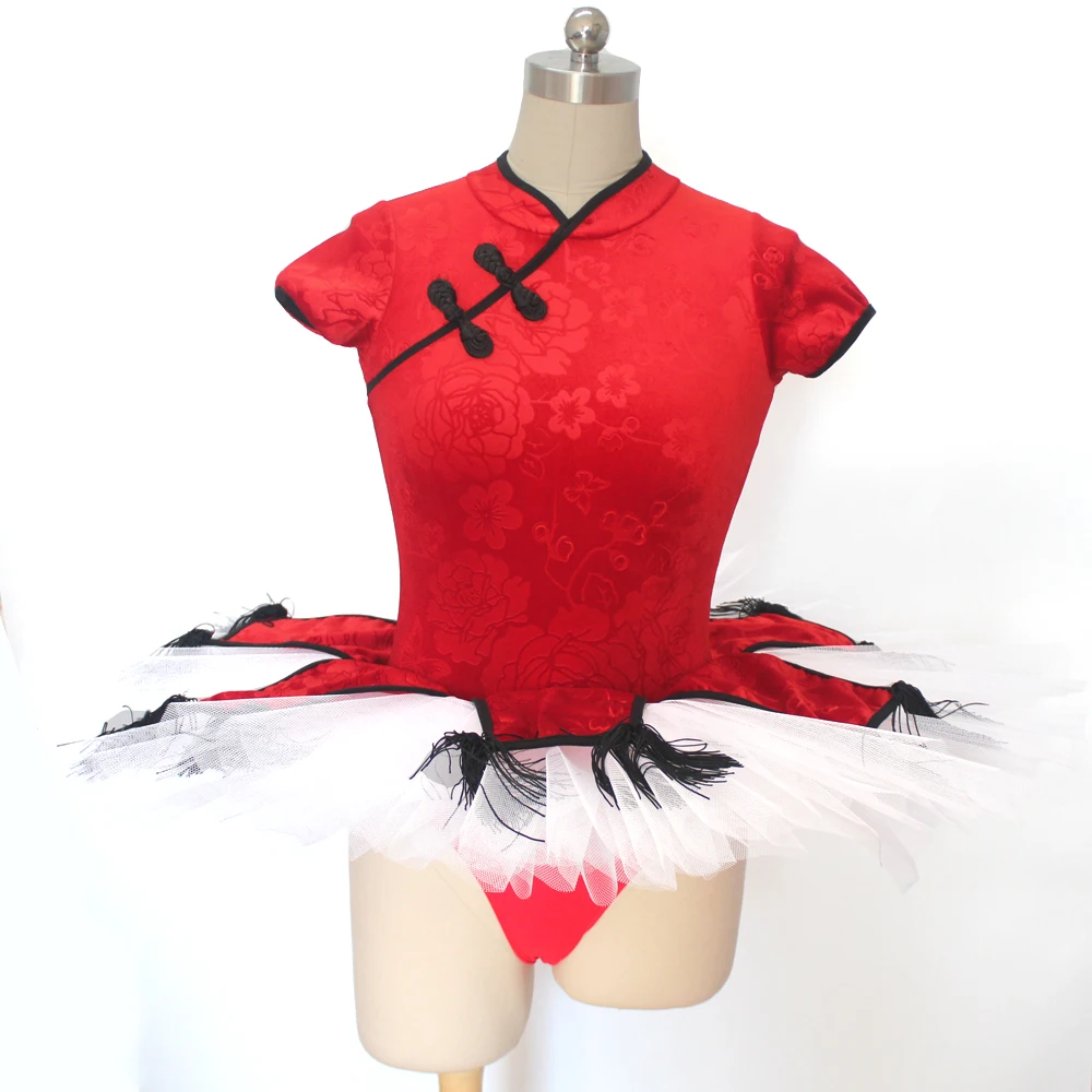 

Ballet Tutu Chinese style Red with White Velour Bodice 4 Layers of Hard Tulle with Undershorts