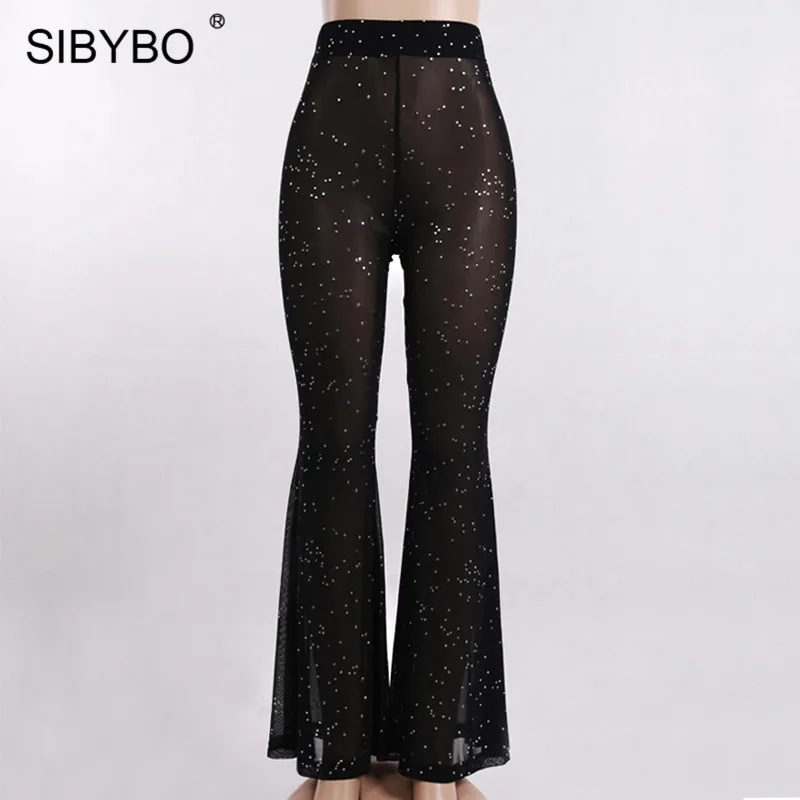 Sibybo, сетчатые прозрачные сексуальные штаны с блестками, женские свободные летние брюки с высокой талией, черные пляжные повседневные женские штаны