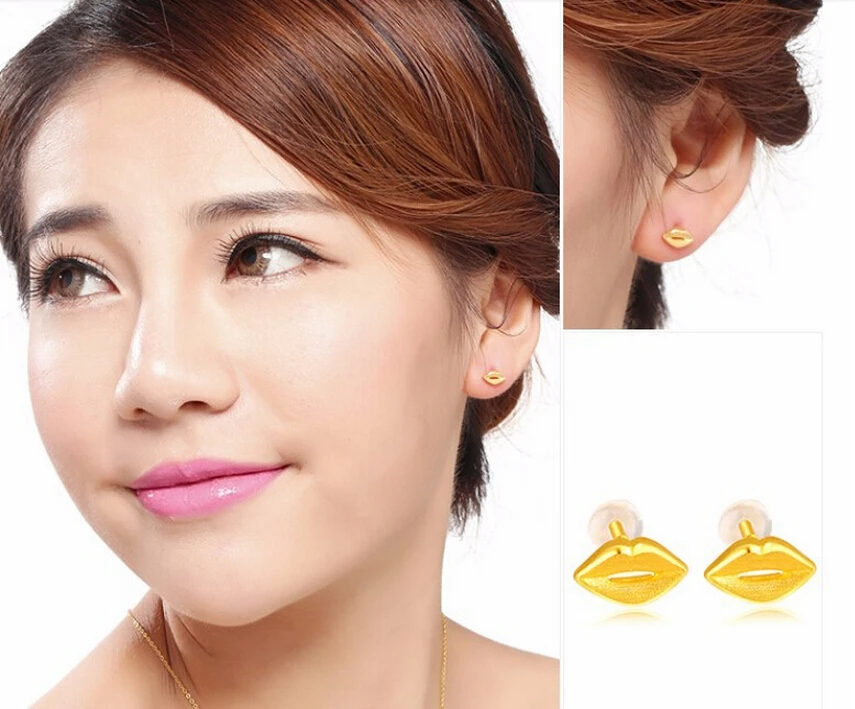 Classic new Authentic 24k Yellow Gold Earrings Sexy Lips Stud Earrings