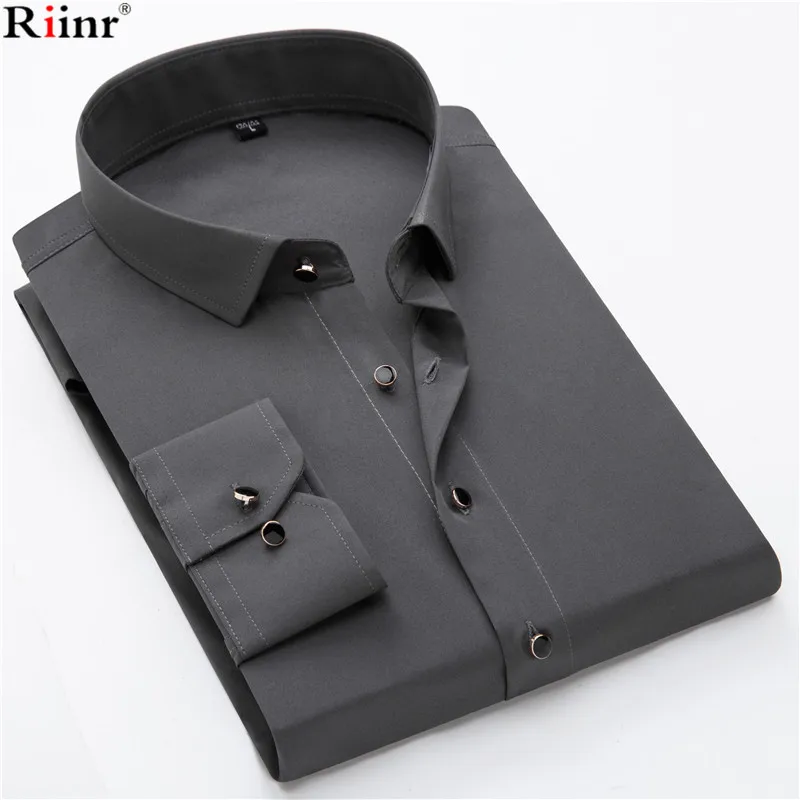 

Riinr Brand New Shirt Men Black Button Turn Down Collar Long Sleeve Business Formal Solid Color Comfortable Men's Dress Shirts