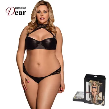 

Comeondear High Neck Lace Faux Leather Bra Set Push-up Bra And Panties Big Size Underwear Women Set Completino Sexy Hot RK80433