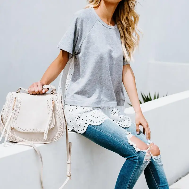 Summer Women T Shirts Women Embroidery Lace Patchwork Fake 2 Pieces Shirts Casual Short Sleeve Tunic Tops Shirt Tops