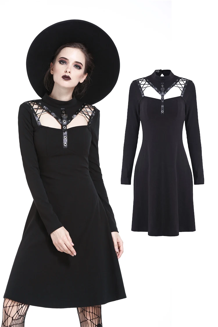 

Darkinlove Women's Gothic Black Dress Fashion Gothic Daily Long Sleeve A-line Dress Sexy Hollow Out Women Dress