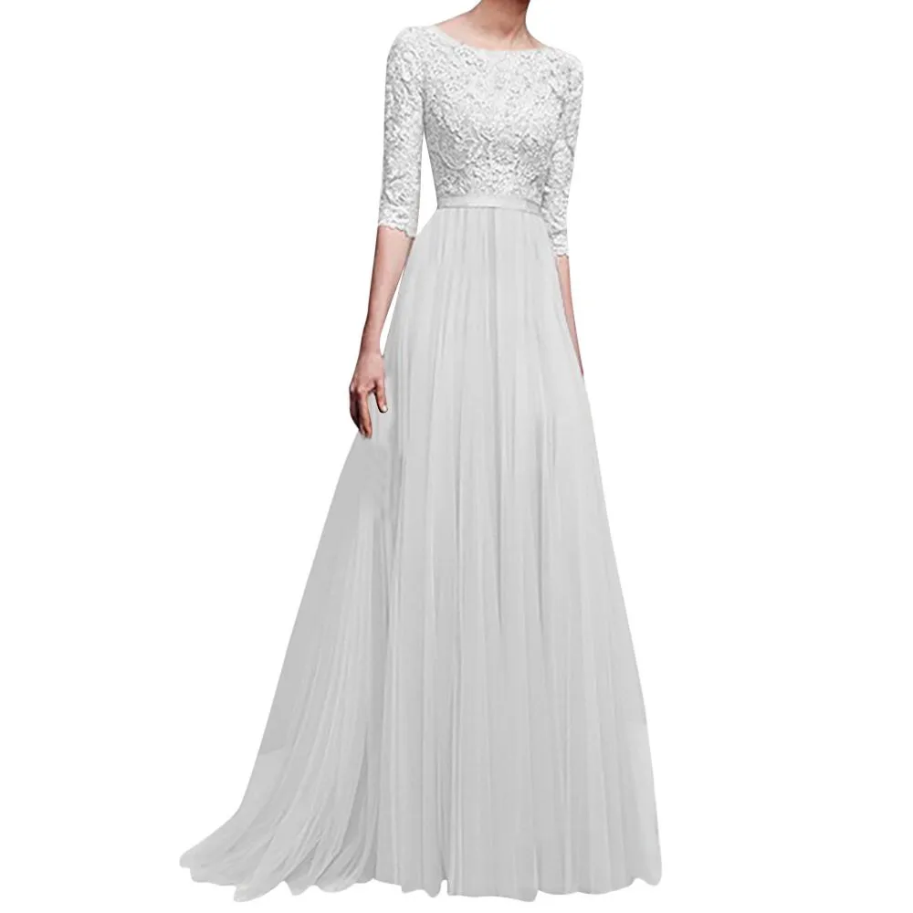 

FREE OSTRICH Women Chiffon Lace Back Hollow O-Neck Long Elegant Party Dress Women Fashion Casual Dresses vadim