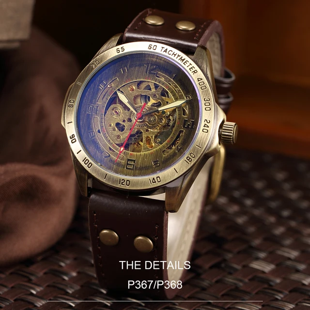 Watch Men Mechanical Automatic Watch Steampunk Skeleton Self Winding Mens Watches Retro Leather Wristwatch Clock montre homme -