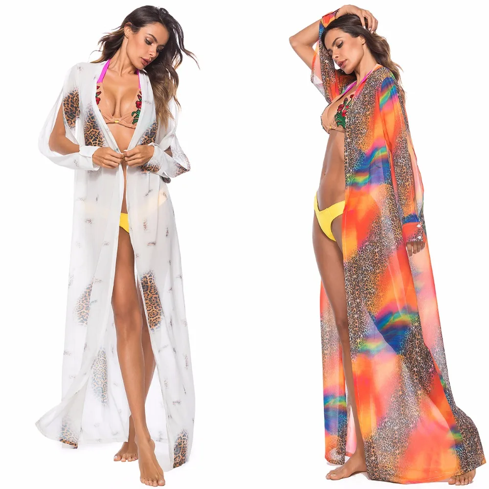 

Summer Cloak Cardigan Smock Poncho Chiffon Leopard Full Sleeve Women Elephant Coat Outerwear Trench vintage Cardigan Beach Coats