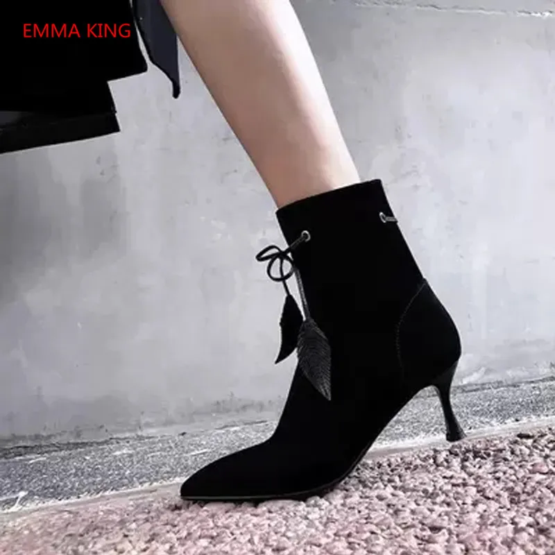 

Luxury Suede Lace Up Women's Ankle Boots Pointed Toe Sexy Black Purple High Heels Winter Ladies Shoes Runway Woman Martin Boots
