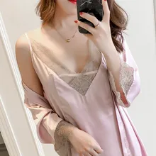 Новые пикантные весенние чёрное кружевное отделкой домашнее платье Для женщин халат комплект платья сна костюм халат-кимоно одевание ночная рубашка