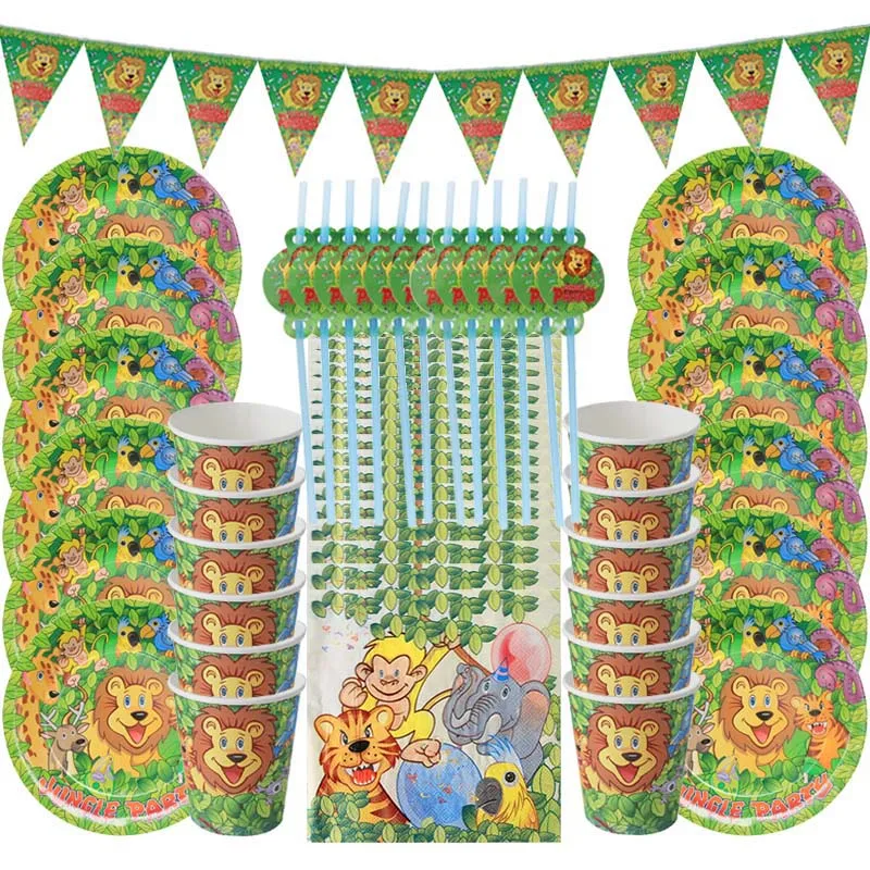 57 шт джунгли день рождения одноразовая посуда Джунгли животных одноразовые тарелки салфетки для стаканчиков гирлянды-флажки Детские сафари Декор
