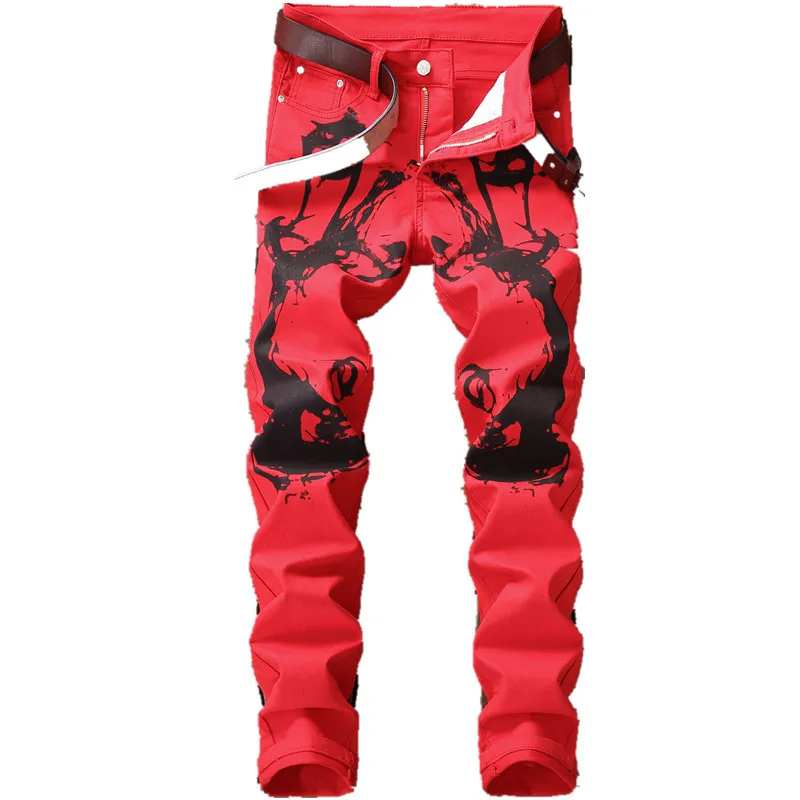 New Digital Print Pants Jeans Men's Body Trousers Fashion Elastic Feet Red Casual Pants Skinny Jeans Men Streetwear 2018