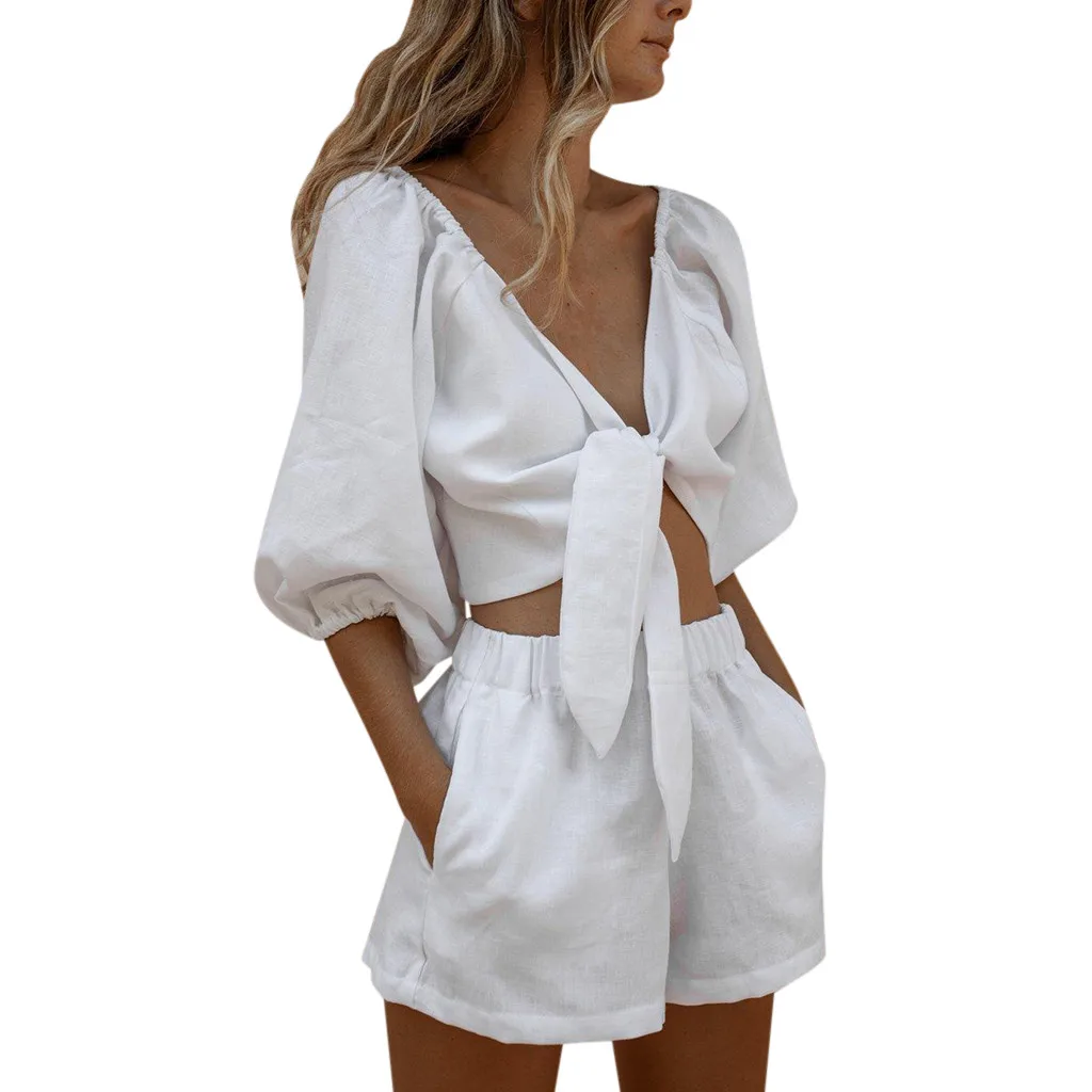 

2pcs Set Casual Women's Casual Solid Shorts Middle Sleeve T-Shirt Shorts Sports Streetwear Summer Beach Tops + Shorts Pants Set