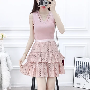 

Sleeveless Top Fashion Suits Women Nail Bead V-Neck Sweater Elastic Waist Polka Dot Print Skirt Double Cake Layered Skirt