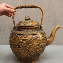 1" Народные Китайские Бронзовые Птицы Летают Статуя Крана Ручка Чайник Банк Вина Кувшин