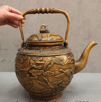 

12" Folk Chinese Bronze Bird Fly Crane Statue Handle Teapot Wine Pot Flagon