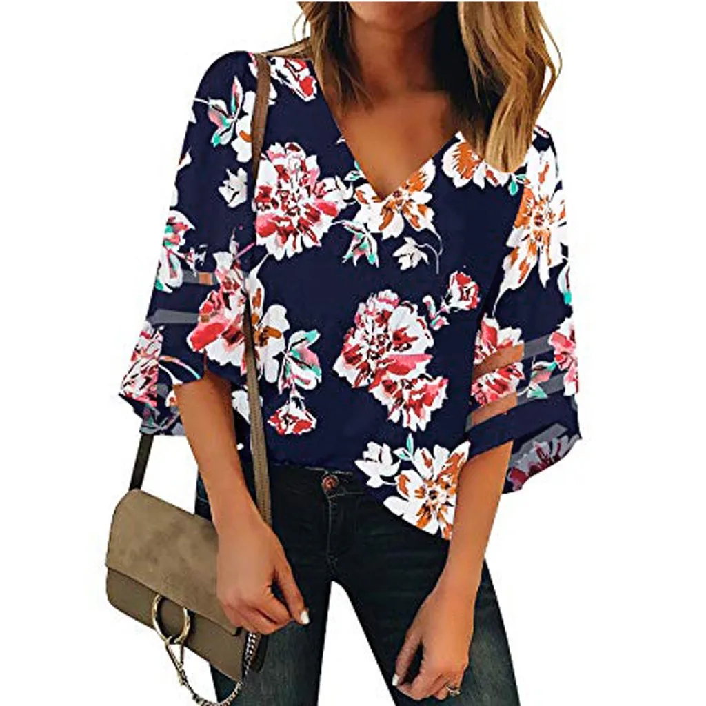

MUQGEW Women's V Neck Floral Mesh Panel Blouse 3/4 Bell Sleeve Casual Summer Loose Top Harajuku Shirt Clubwear kimono blusas