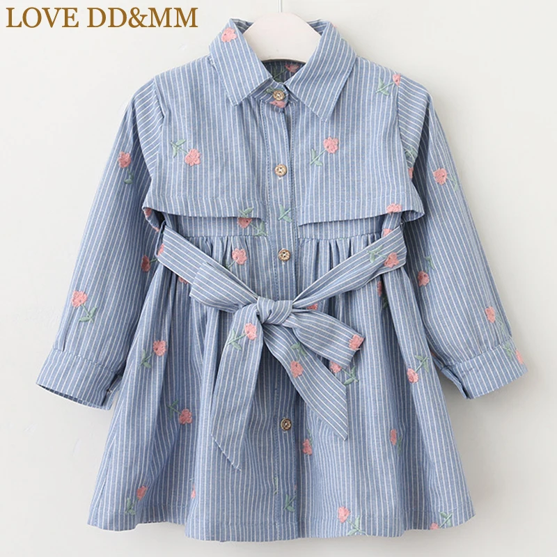 Платья для девочек с надписью «LOVE DD& MM»; Новинка года; Осенняя детская одежда; Модное Длинное Платье-рубашка в полоску с вышивкой и галстуком для девочек