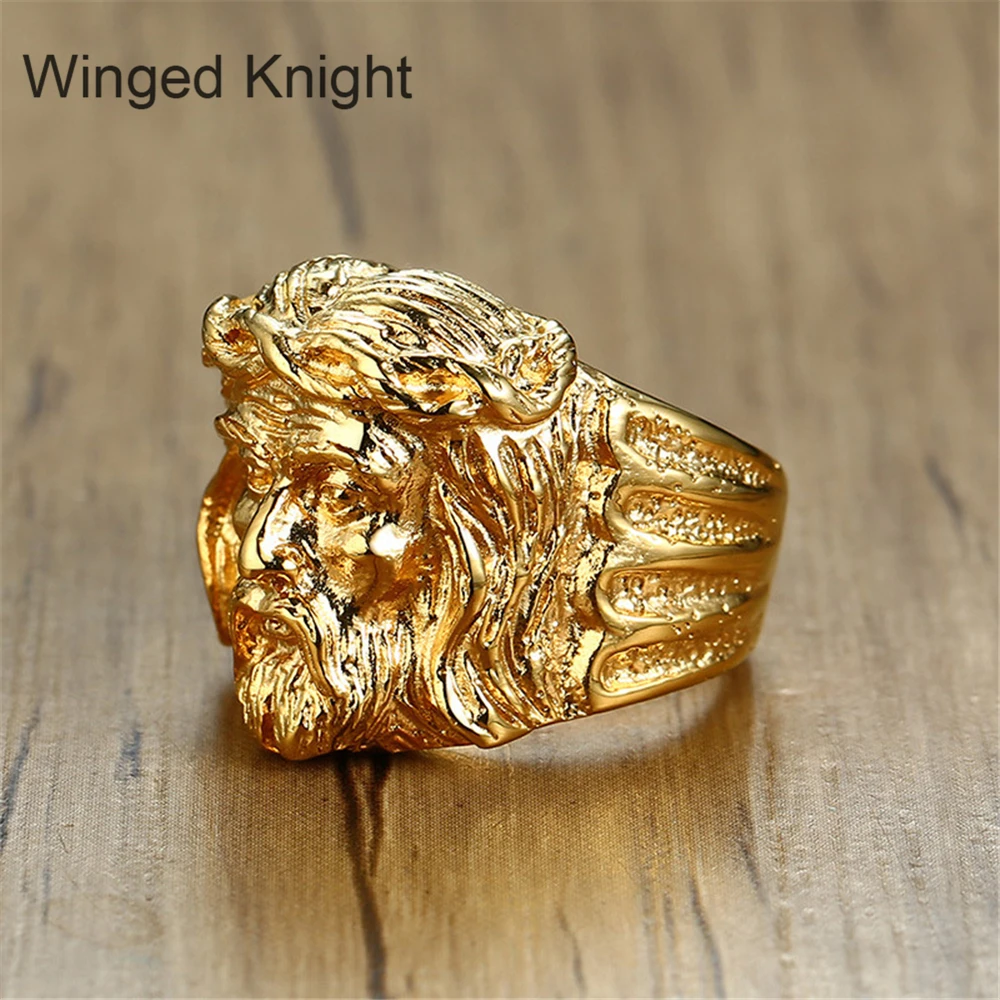 

Golden stainless steel men's big super bowl large jesus rings engraving male ring
