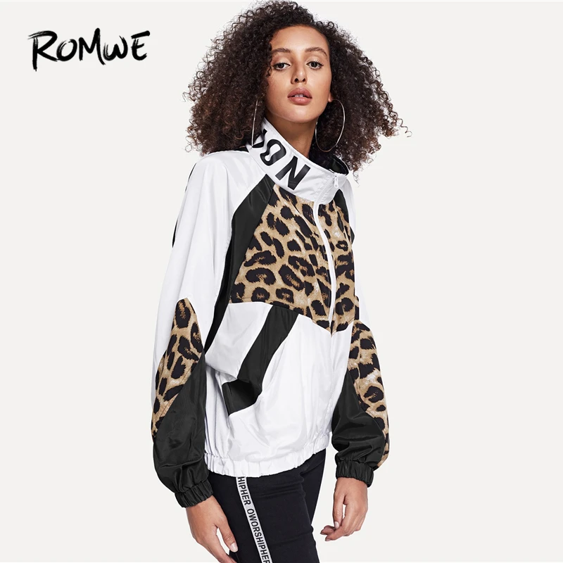 Kopen ROMWE Brief En Luipaard Print Jas 2019 Toevallige Wit Colorblock Lente Herfst Outer Rits Stand Kraag Lange Mouwen Jas