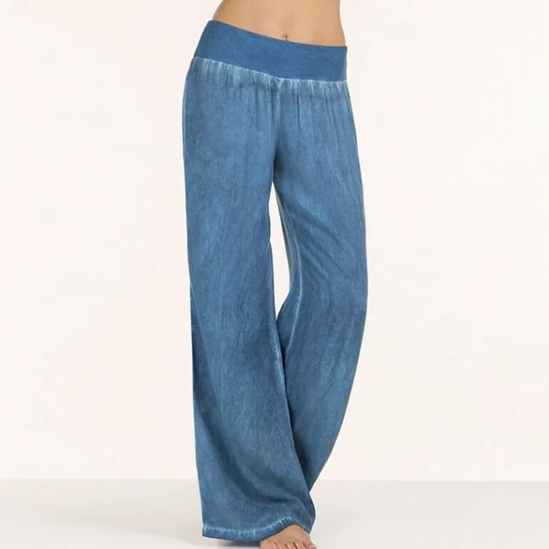 

2019 Summer Women Elastic High Waist Wide Leg Pants Loose Denim Pants Casual Korean Plus Size Jeans