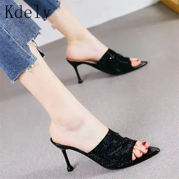 

2019 Summer New Shoes Woman crystal Slip On Fashion Sandals Mules Glitter Peep Toe Slides High Heel Slippers