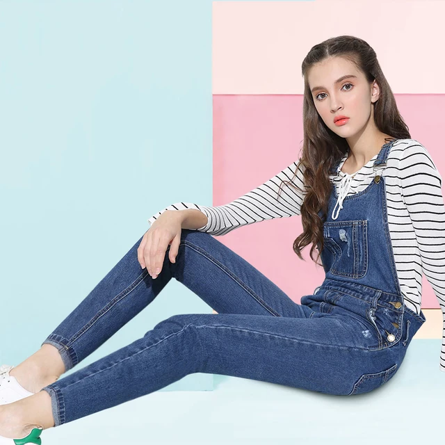 S XL Puls Size Classic Frayed Denim Overalls Jeans Women jumpsuit Tight High Waist Ripped Denim