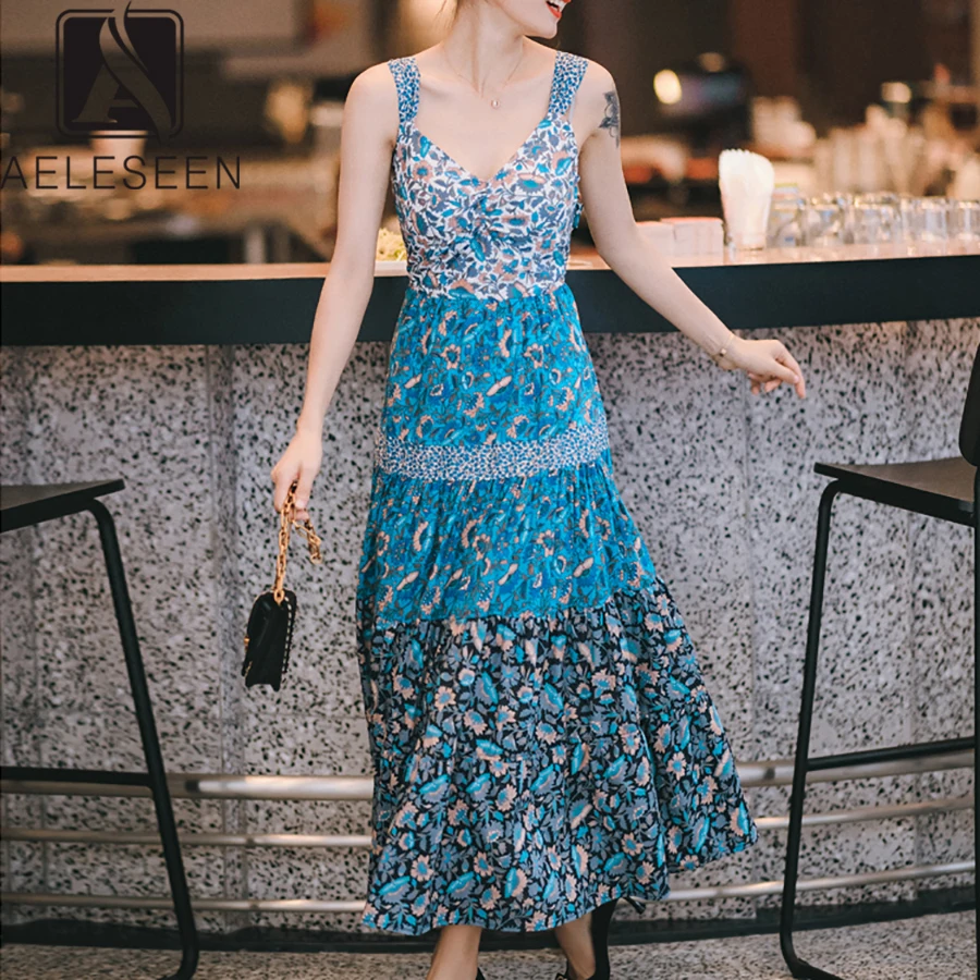 

AELESEEN 2019 Summer New Fashion Vintage Dresses Women European Runway Design Floral Print Spaghetti Strap Sashes Long Dress