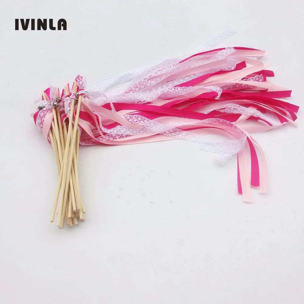 

50Pieces/Lot Fushia 3 Ribbons Wedding Wands Lace white Ribbon Birthday Party christamas ribbon stick with bell