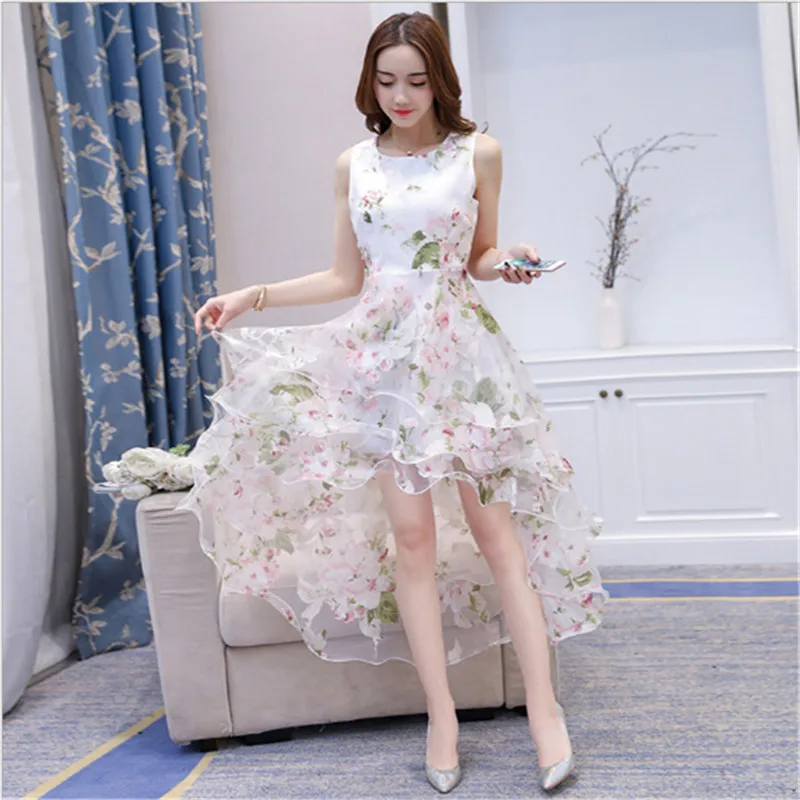 

Fashion Spring Summer High Low Dresses sleeveless Elegant Slim Front short back long Puffy Party Dress White Women Tulle Dress