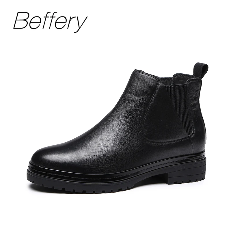 

Beffery slip-on Ankle Boots for Women Genuine Leather Chelsea Short Boots 2018 Winter Inside plush platform shoes Ladies boots