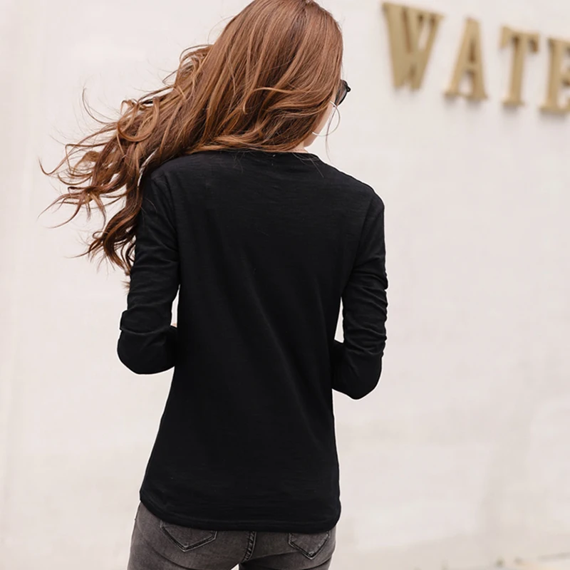 2019 Women Autumn And Winter Casual T-Shirt Fashion One Black Color 0 Neck T shirt Cotton Long Sleeve Tops Green Black White