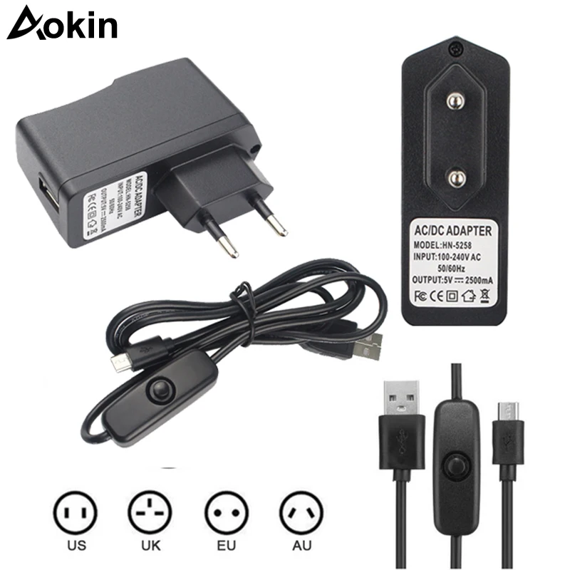 

EU/US/AU/UK Power adapter for Raspberry pi 3 2 Power Supply 5v 2.5a Switch On/OFF 1M Micro USB Cable for Raspberry Pi Charger