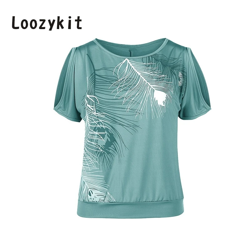 

LOOZYKIT 5XL Plus Size Women Casual Summer T-Shirt 2018 Short Sleeve Cold Shoulder Feather Print Tops Tee Shirt Female Camisetas