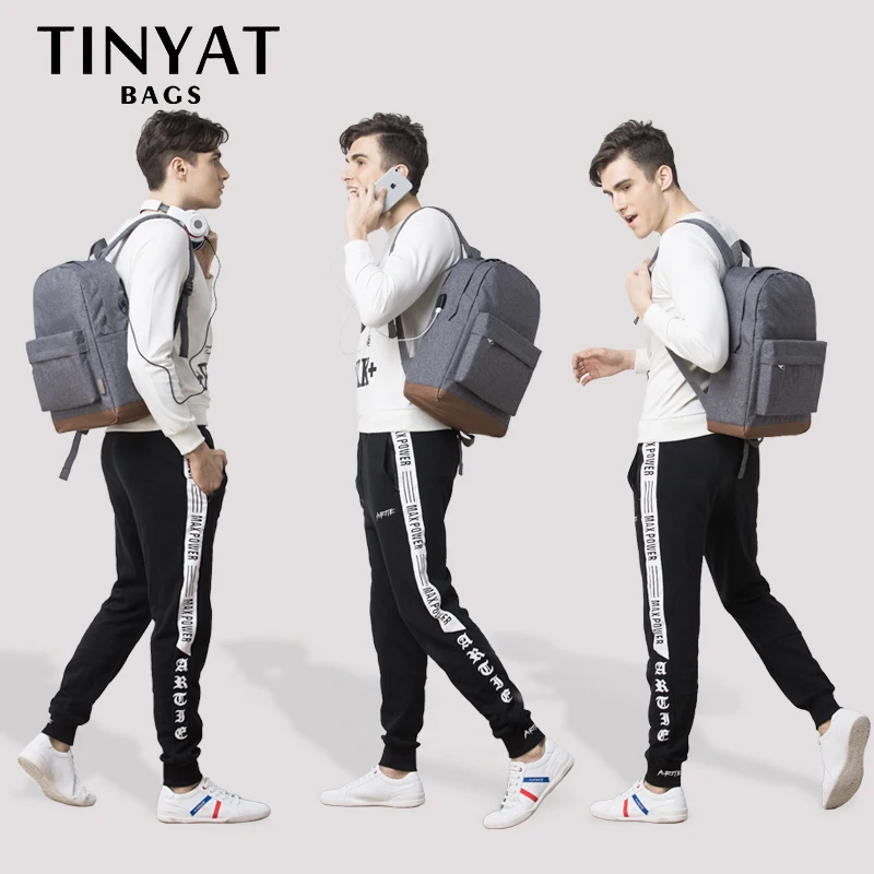 TINYAT, большая школьная сумка, рюкзак для подростков, mochila, 15 дюймов, рюкзак для ноутбука, USB зарядка, рюкзаки для отдыха, путешествия, рюкзак, серый