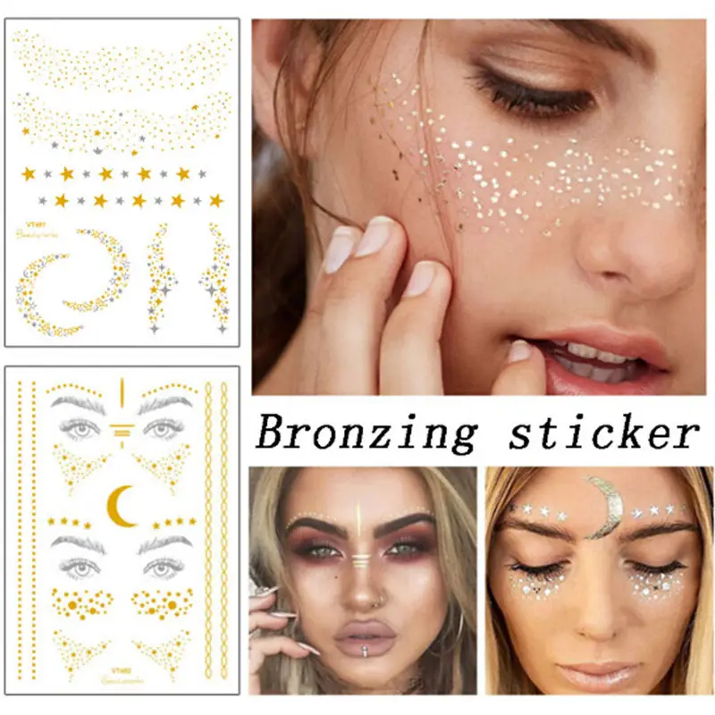 1 ورقة الذهب الوجه فلاش الوشم StickersFashion للماء منعت النمش يشكلون هيئة الفن العين الشارات العروس القبيلة حزب